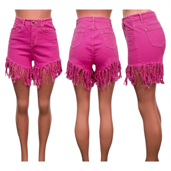 Pants - Fringe Denim Shorts Womens Medium Pink New High Waist Distressed Tassel Cutoff